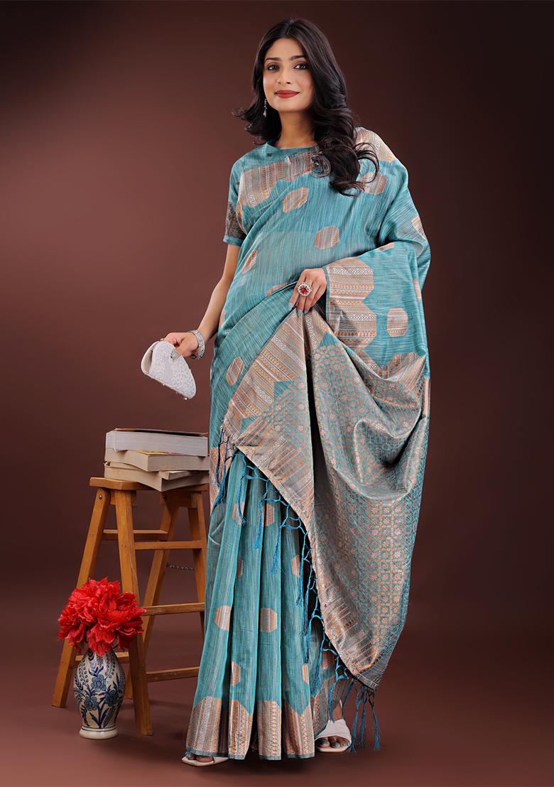 Sky Blue Woven Zari Work Linen Cotton Saree Set