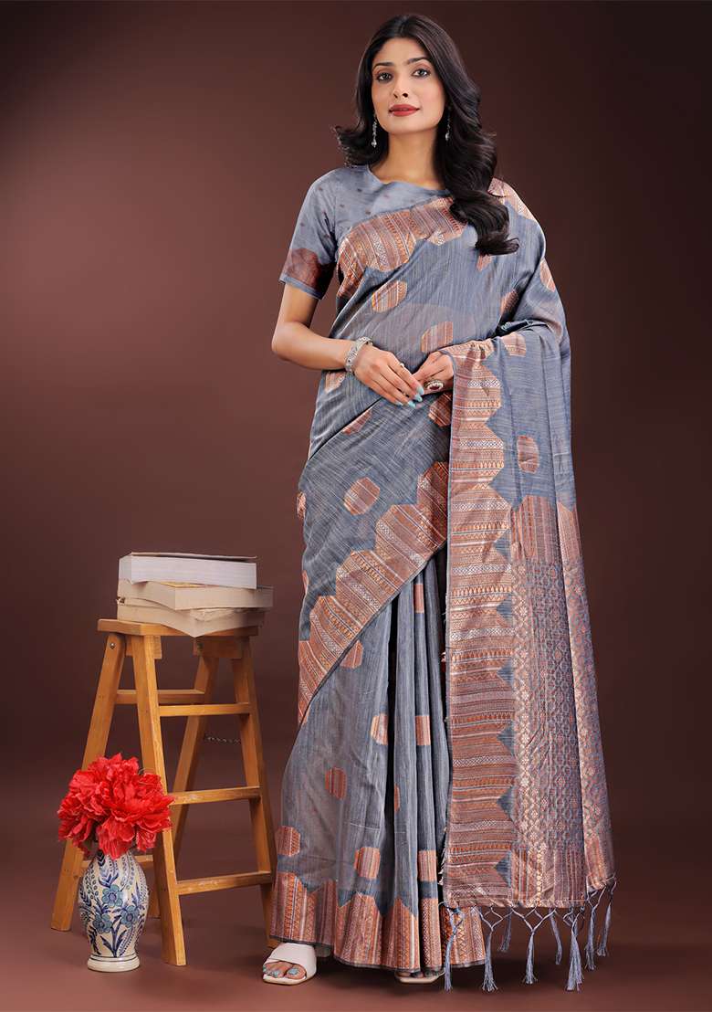 Grey Woven Zari Work Linen Cotton Saree Set - Indya