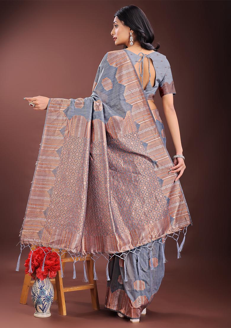 Grey Woven Zari Work Linen Cotton Saree Set