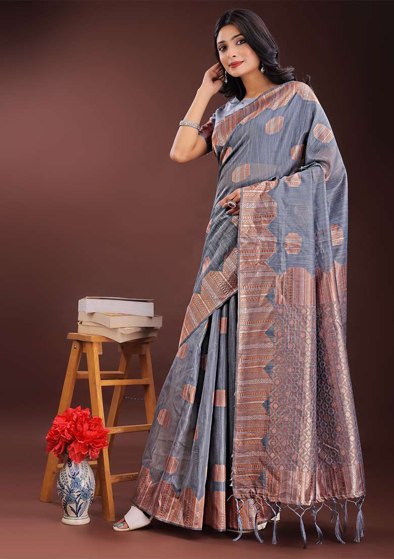 Grey Woven Zari Work Linen Cotton Saree Set - Indya