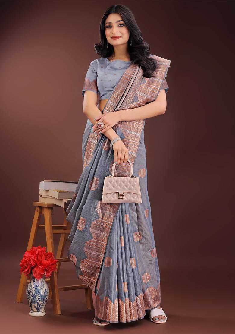 Grey Woven Zari Work Linen Cotton Saree Set