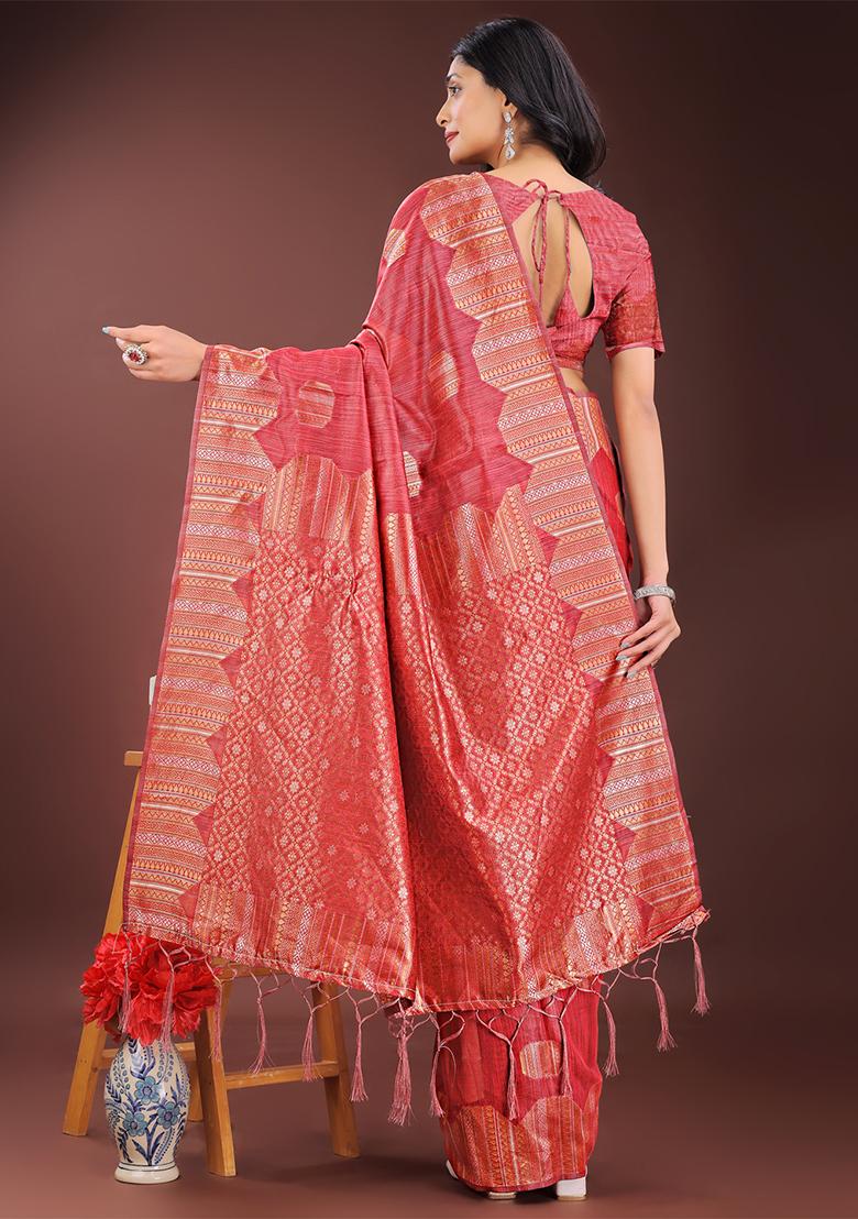 Red Woven Zari Work Linen Cotton Saree Set