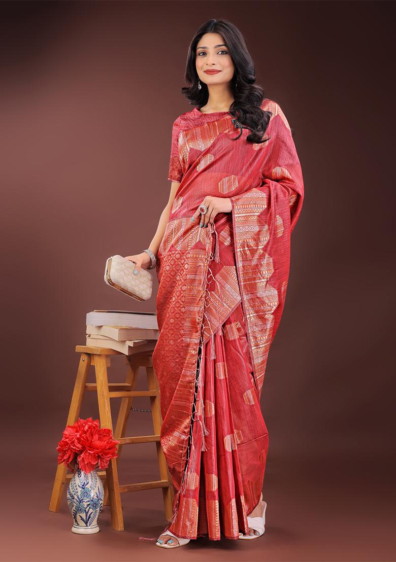 Red Woven Zari Work Linen Cotton Saree Set