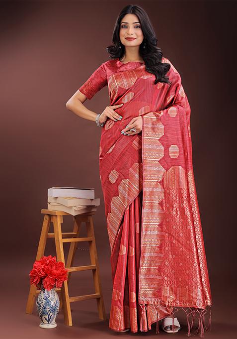 Red Woven Zari Work Linen Cotton Saree Set