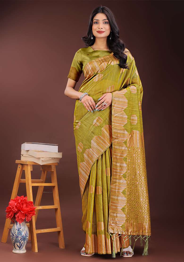 Mustard Yellow Woven Zari Work Linen Cotton Saree Set - Indya