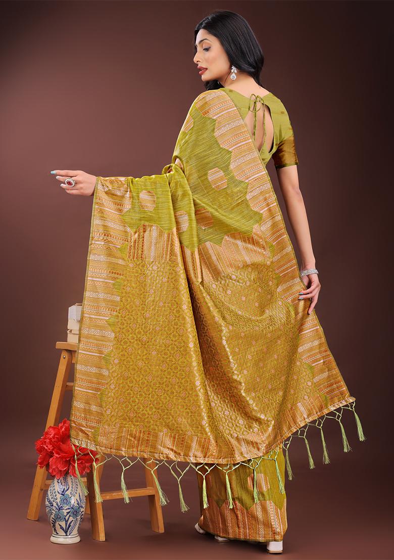 Mustard Yellow Woven Zari Work Linen Cotton Saree Set