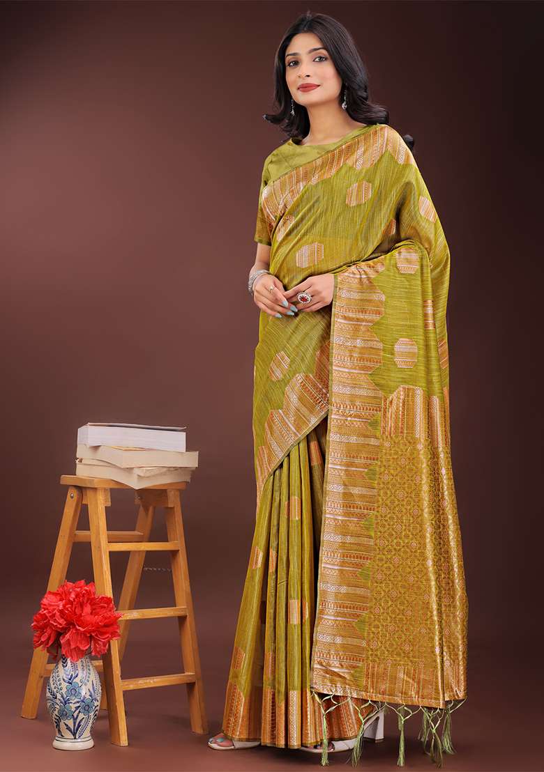 Mustard Yellow Woven Zari Work Linen Cotton Saree Set - Indya
