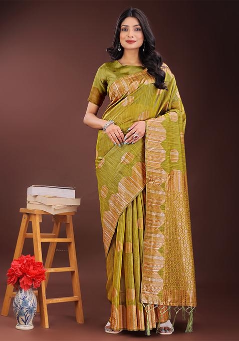 Mustard Yellow Woven Zari Work Linen Cotton Saree Set