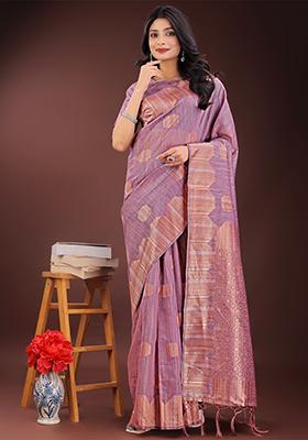Purple Woven Zari Work Linen Cotton Saree Set