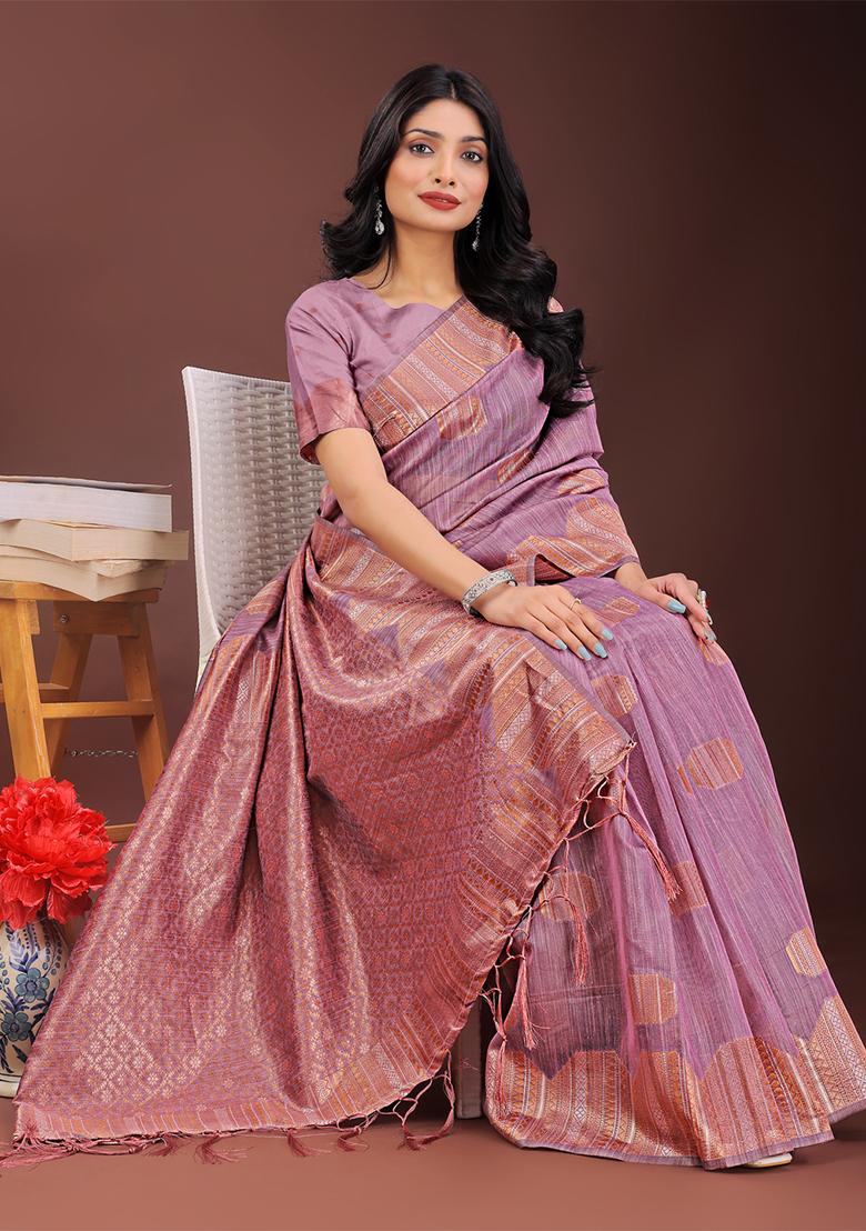 Purple Woven Zari Work Linen Cotton Saree Set