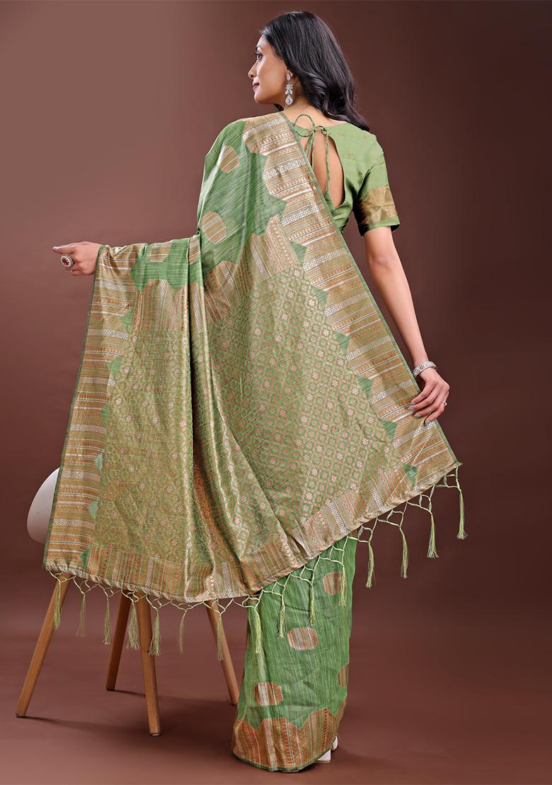 Light Green Woven Zari Work Linen Cotton Saree Set