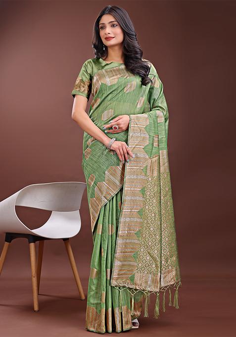 Light Green Woven Zari Work Linen Cotton Saree Set