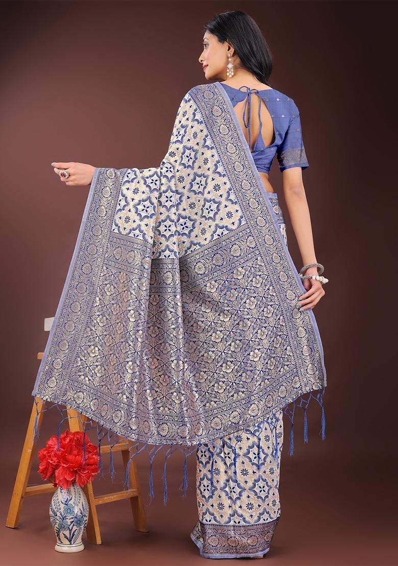 Blue Woven Zari Work Linen Cotton Saree Set