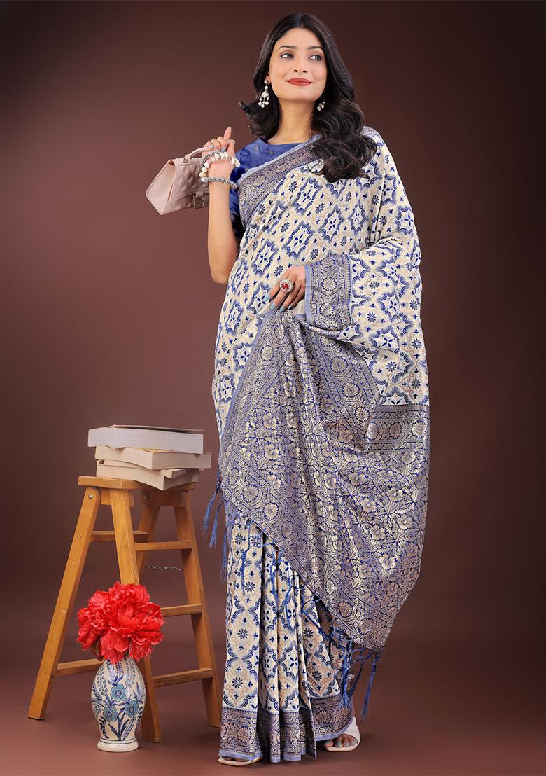 Blue Woven Zari Work Linen Cotton Saree Set