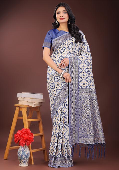 Blue Woven Zari Work Linen Cotton Saree Set