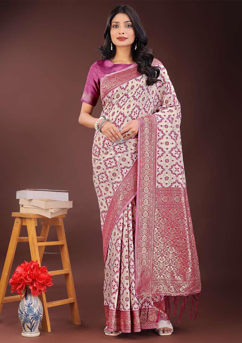Pink Woven Zari Work Linen Cotton Saree Set - Indya