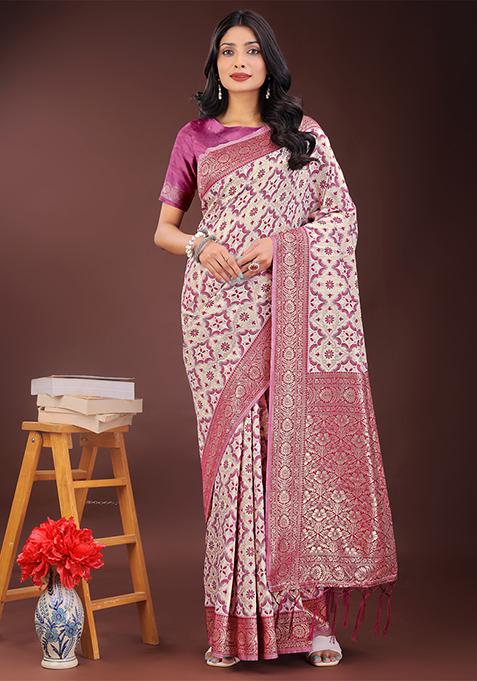 Pink Woven Zari Work Linen Cotton Saree Set