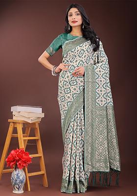 Green Woven Zari Work Linen Cotton Saree Set