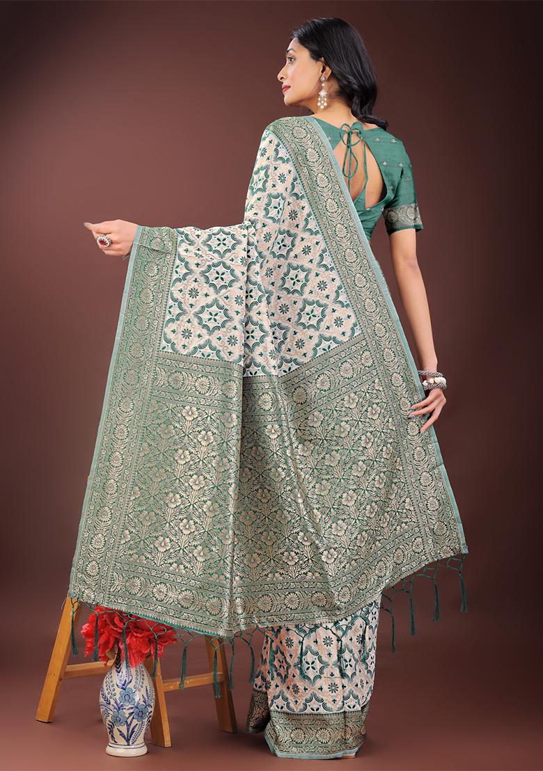 Green Woven Zari Work Linen Cotton Saree Set