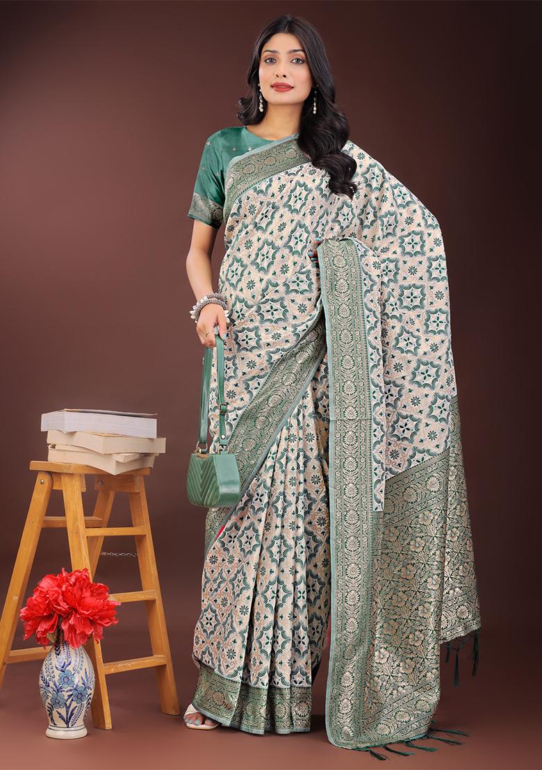 Green Woven Zari Work Linen Cotton Saree Set
