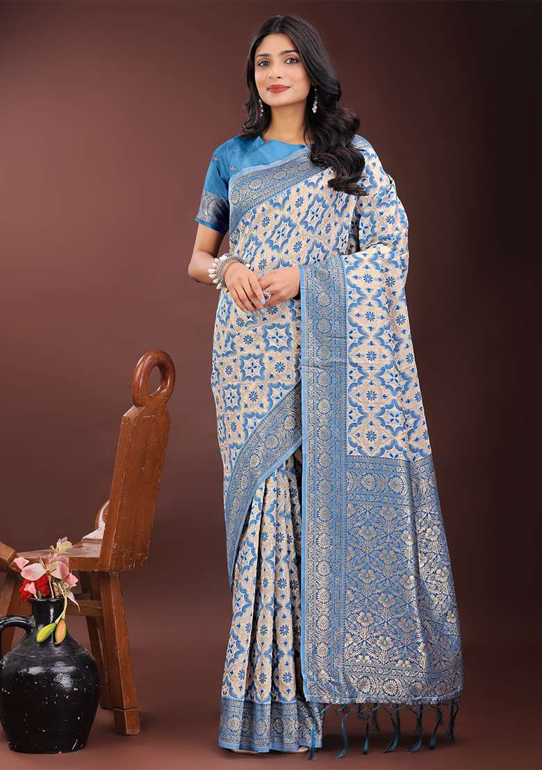 Sky Blue Woven Zari Work Linen Cotton Saree Set - Indya