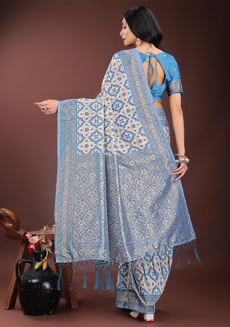 Sky Blue Woven Zari Work Linen Cotton Saree Set