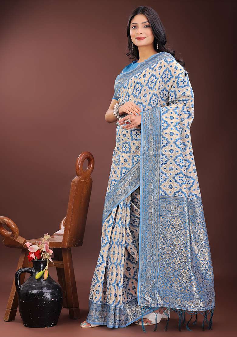 Sky Blue Woven Zari Work Linen Cotton Saree Set - Indya