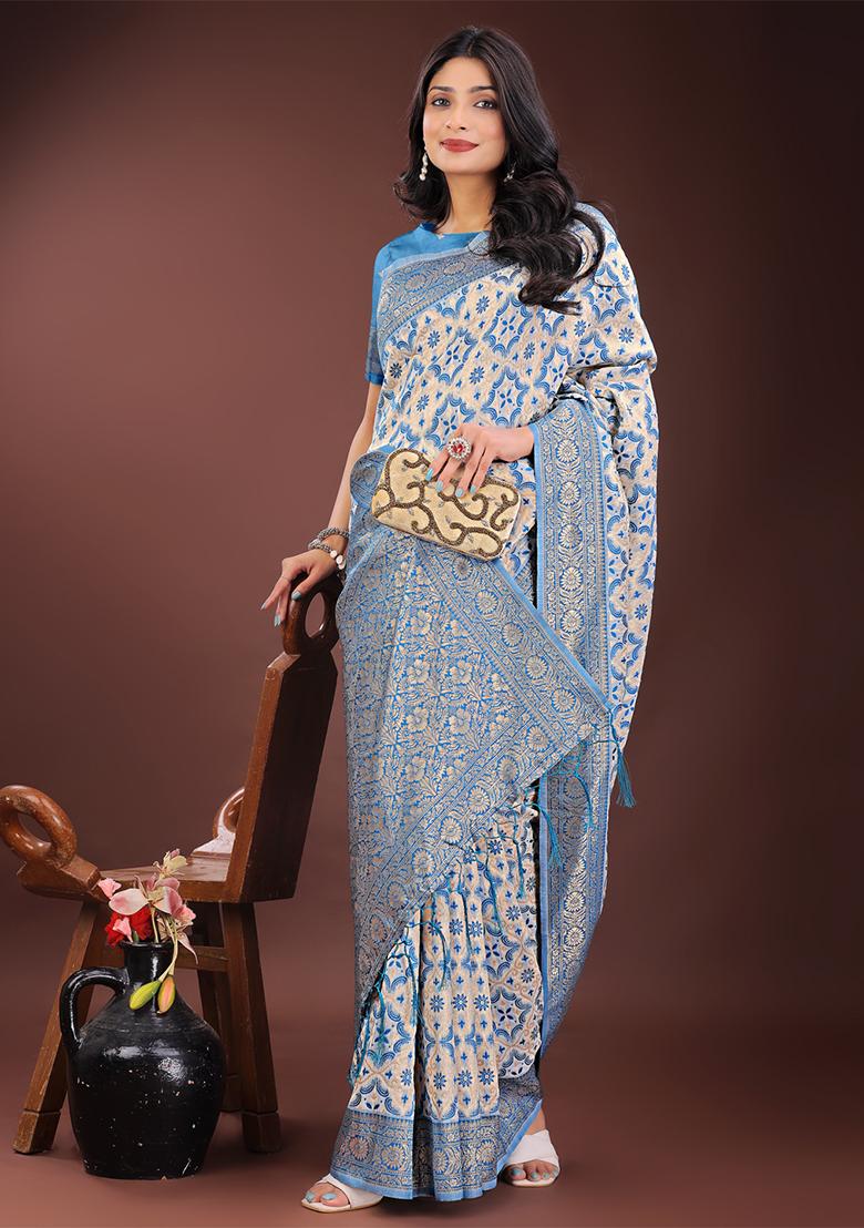 Sky Blue Woven Zari Work Linen Cotton Saree Set