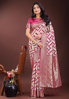 Magenta Woven Zari Work Linen Cotton Saree Set