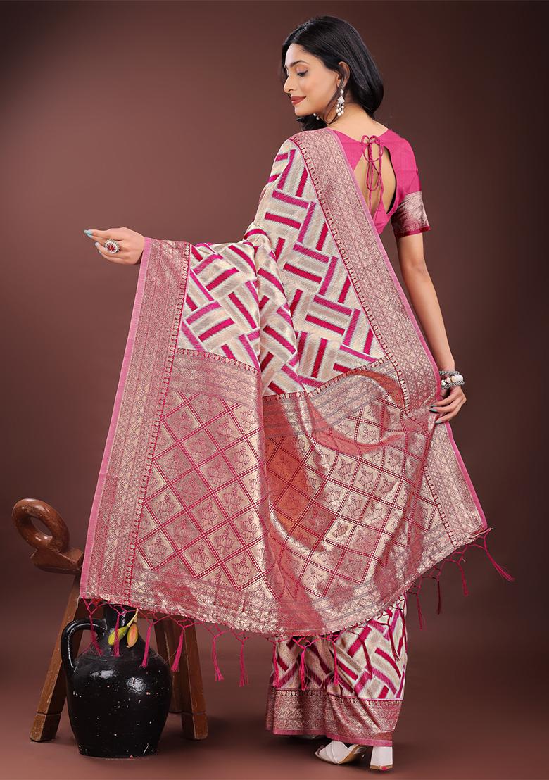 Magenta Woven Zari Work Linen Cotton Saree Set