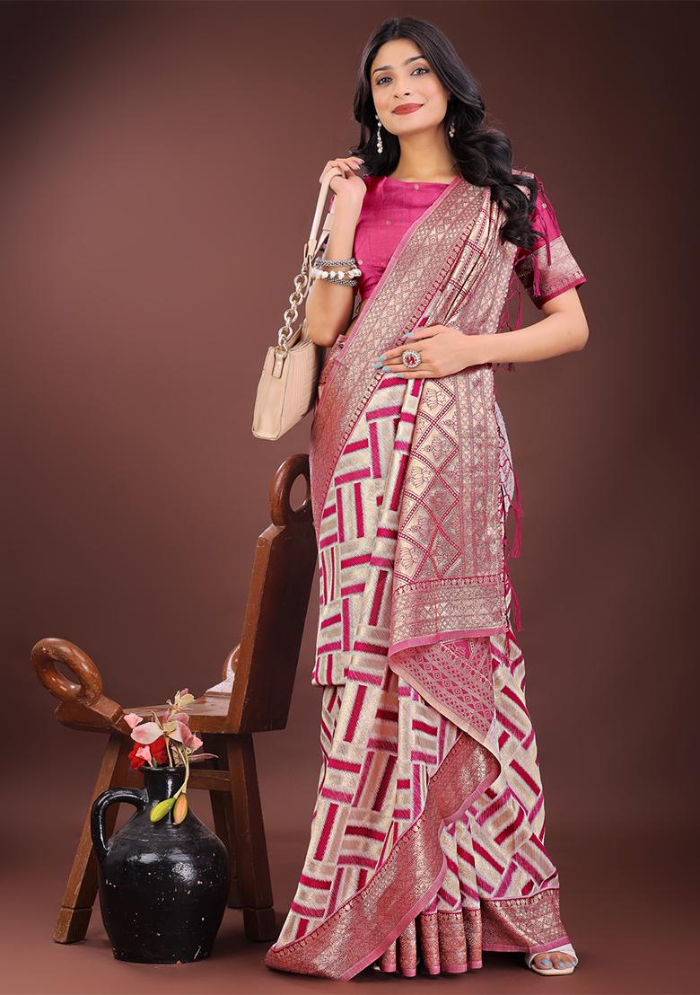 Magenta Woven Zari Work Linen Cotton Saree Set