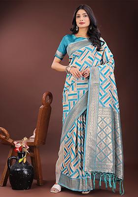 Sea Green Woven Zari Work Linen Cotton Saree Set