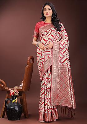 Red Woven Zari Work Linen Cotton Saree Set