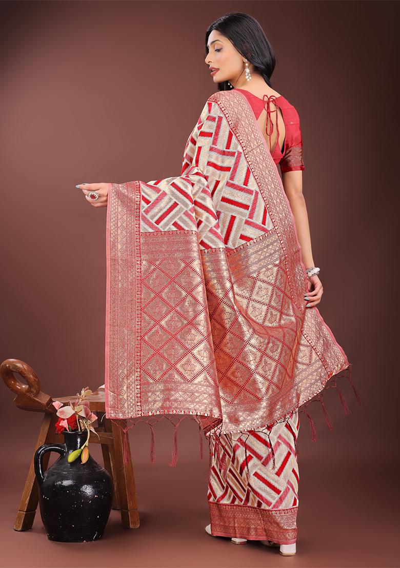 Red Woven Zari Work Linen Cotton Saree Set