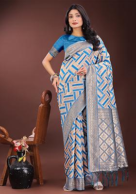 Sky Blue Woven Zari Work Linen Cotton Saree Set