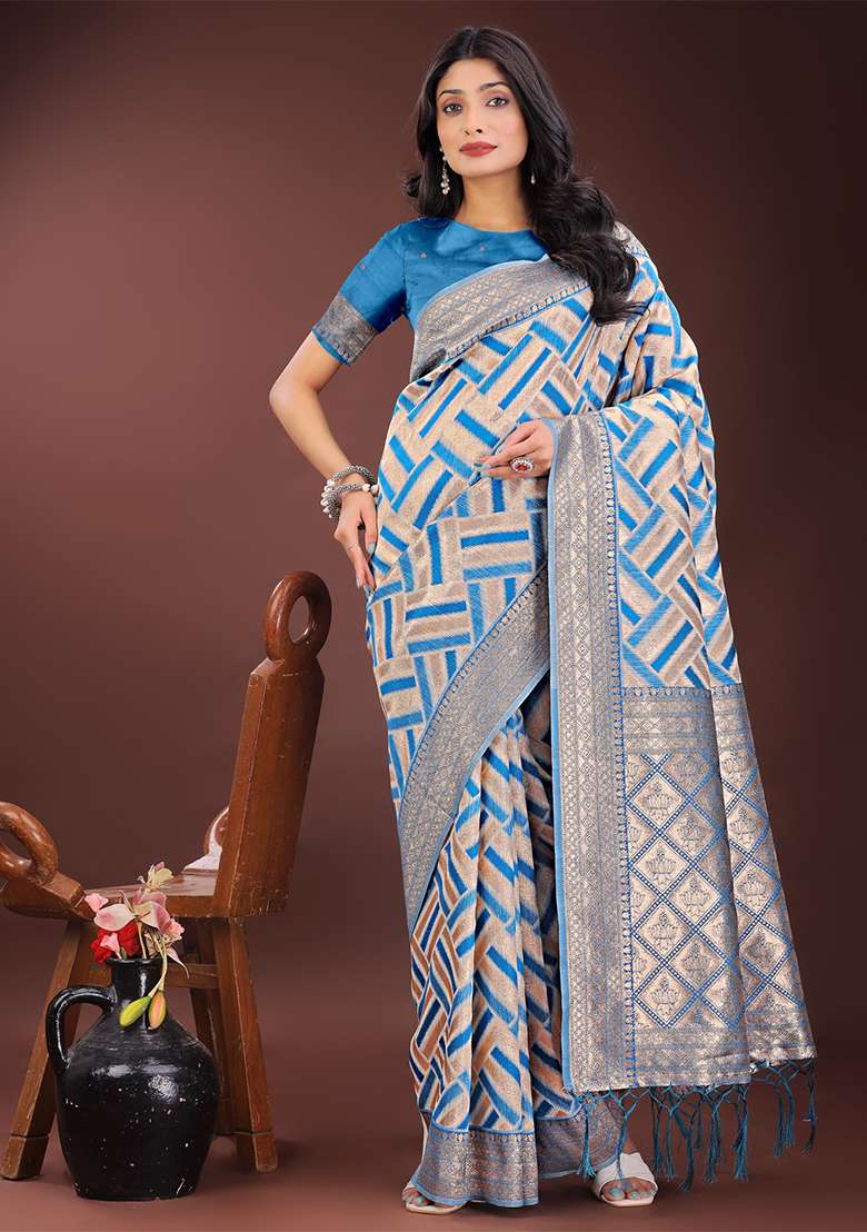 Sky Blue Woven Zari Work Linen Cotton Saree Set - Indya
