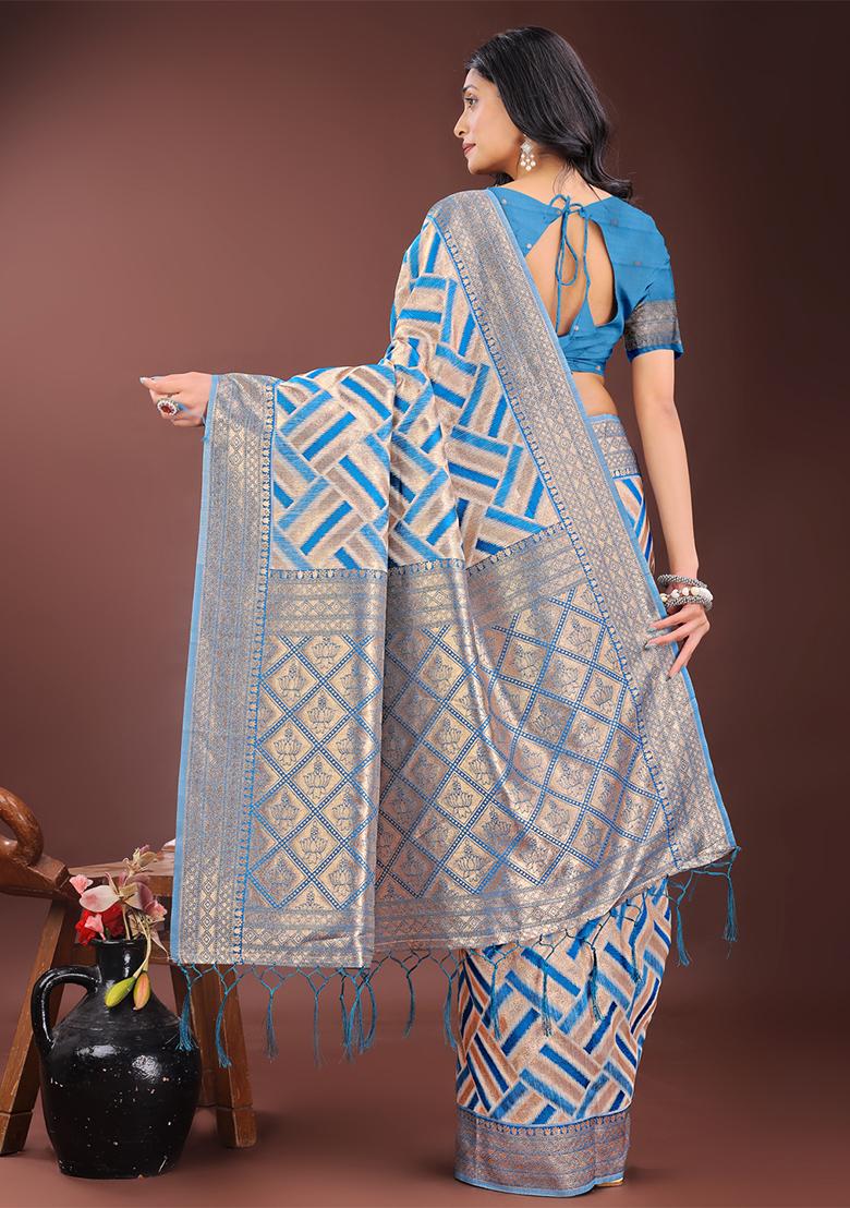 Sky Blue Woven Zari Work Linen Cotton Saree Set