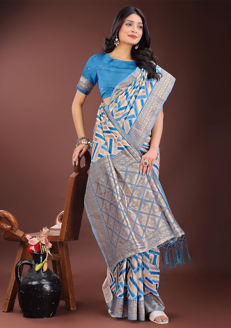 Sky Blue Woven Zari Work Linen Cotton Saree Set
