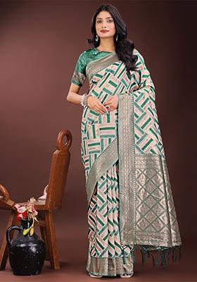 Green Woven Zari Work Linen Cotton Saree Set