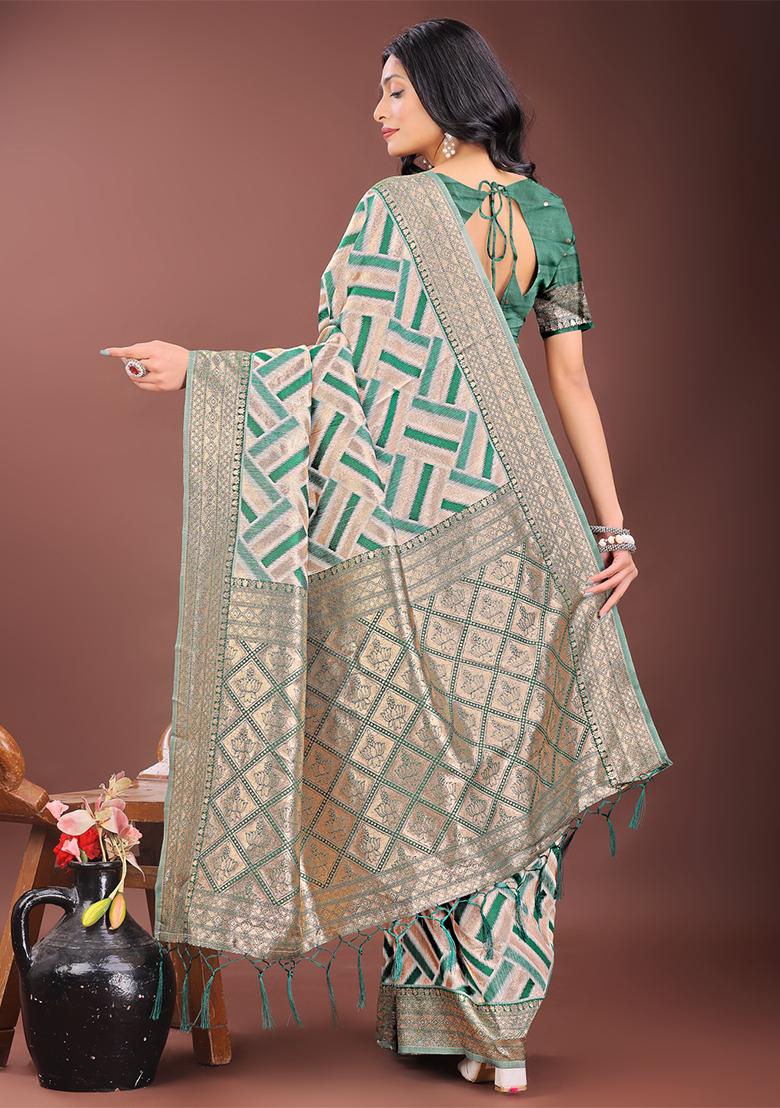 Green Woven Zari Work Linen Cotton Saree Set