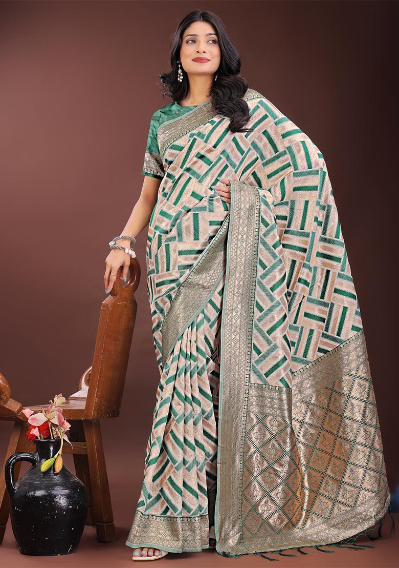 Green Woven Zari Work Linen Cotton Saree Set