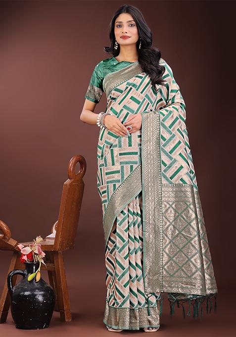 Green Woven Zari Work Linen Cotton Saree Set
