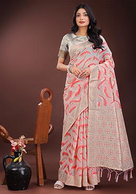 Peach Woven Zari Work Linen Cotton Saree Set