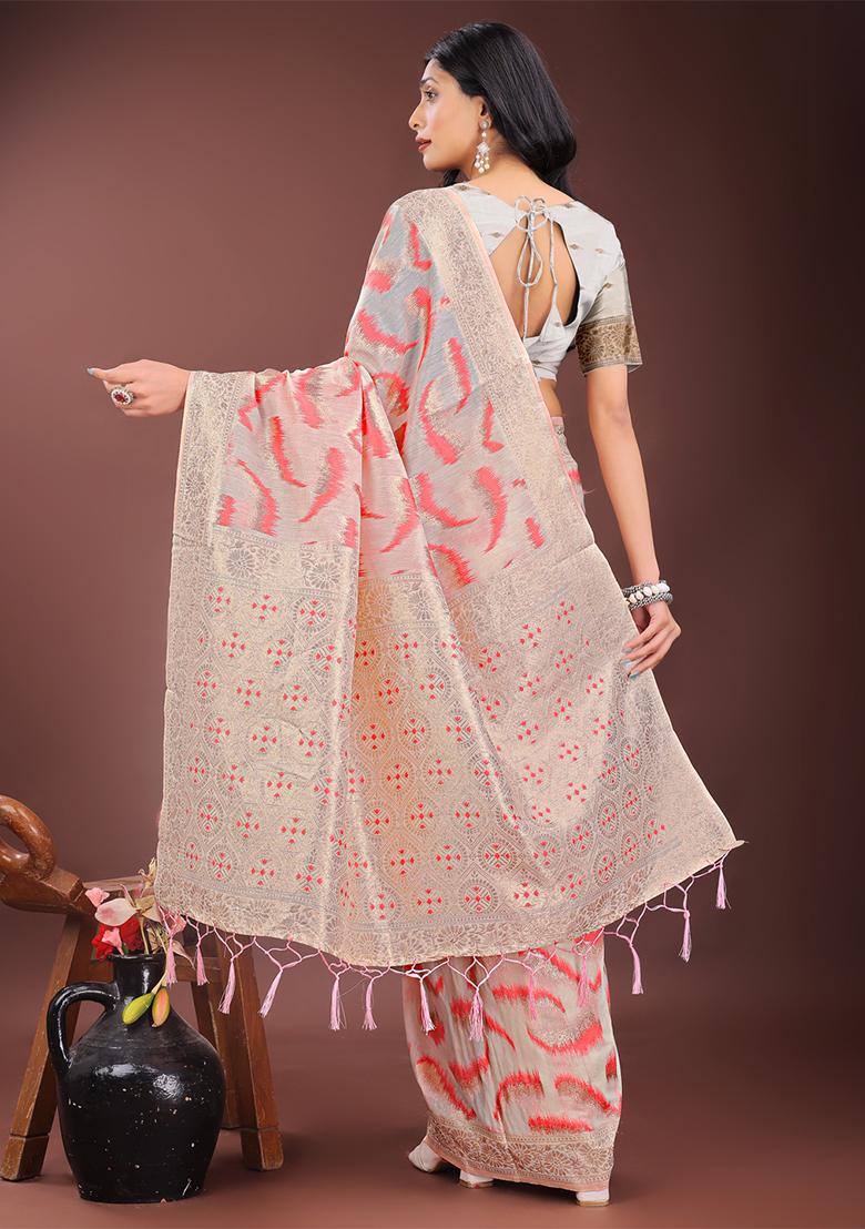 Peach Woven Zari Work Linen Cotton Saree Set