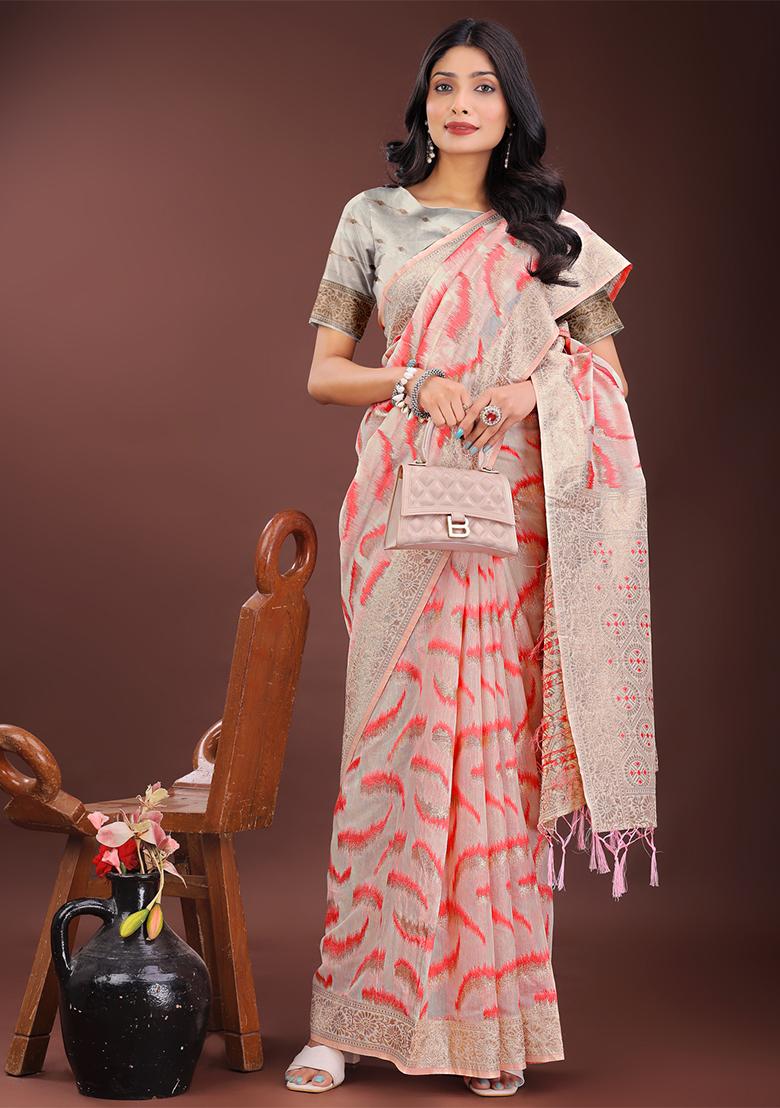 Peach Woven Zari Work Linen Cotton Saree Set