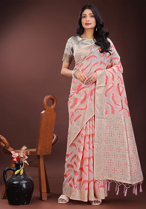 Peach Woven Zari Work Linen Cotton Saree Set