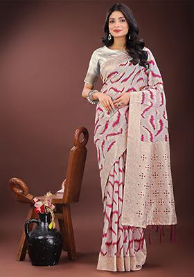 Purple Woven Zari Work Linen Cotton Saree Set