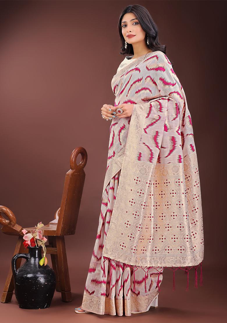 Purple Woven Zari Work Linen Cotton Saree Set