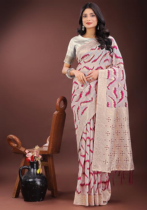 Purple Woven Zari Work Linen Cotton Saree Set