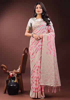 Light Pink Woven Zari Work Linen Cotton Saree Set